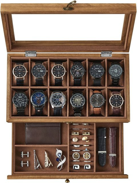 Songmics Uhrenbox aus Paulownia-Holz für 12 Uhren in Walnuss Braun - Bild 1