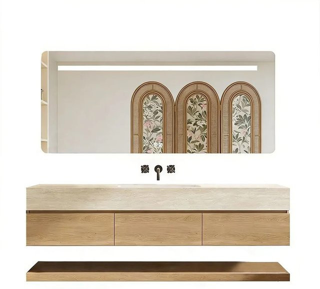 360Home Waschbecken Set Wandhängend in Travertin Optik Beige mit Unterschrank und Spiegel mit LED-Beleuchtung und Anti-Beschlag-Funktion, B/T/H: 140 x 55 x 25 cm - Bild 1
