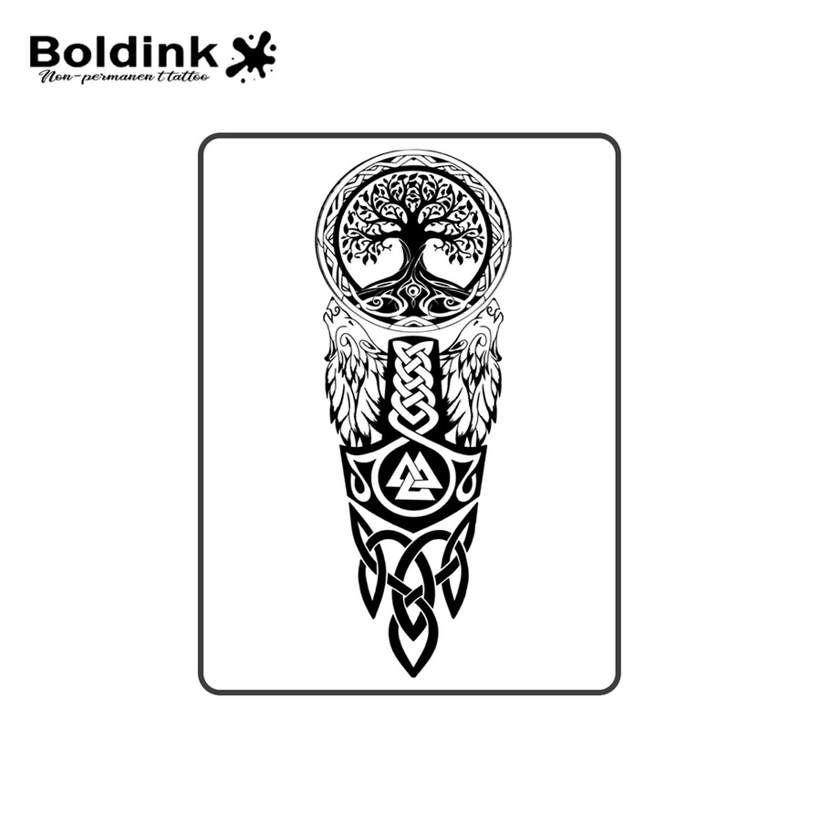 BOLDINK Nordic World Tree Two Wolves Raven Tattoo-Aufkleber, Unisex - Bild 2