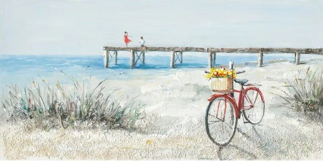 Art Universe Leinwandbild Rotes Fahrrad am Strand Modernes Wandbild in Rot, Blau und Multicolour, Breite: 70 cm, Höhe: 140 cm - Bild 1