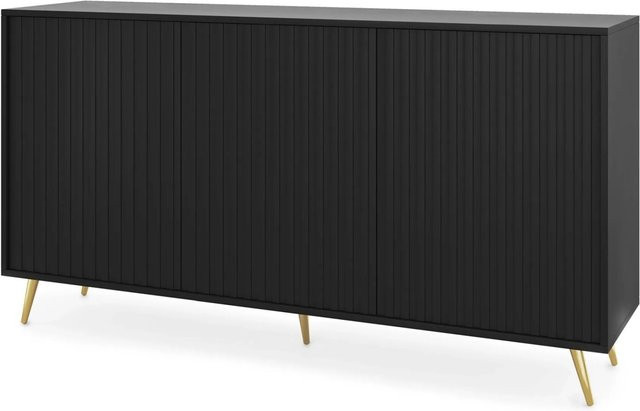 Selsey Sideboard Bello mit Lamellenfronten in Schwarz und goldenen Beinen, Breite: 154 cm - Bild 1