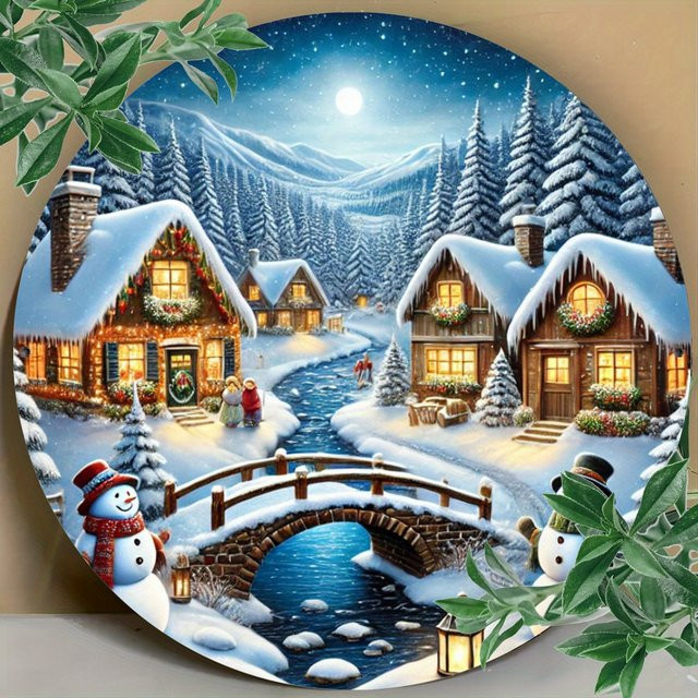 Potdemiel Winter Village Night Scene Rundes Metallblechschild Vintage Wandkunst aus Eisen, Durchmesser: 19,8 cm, Mehrfarbig - Bild 1