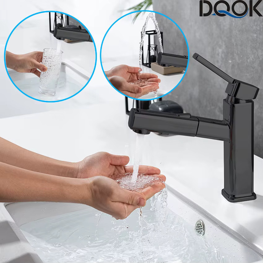DQOK Badezimmer-Waschtischarmatur aus Messing mit ausziehbarem Brausekopf in Chrom und Schwarz - Bild 1
