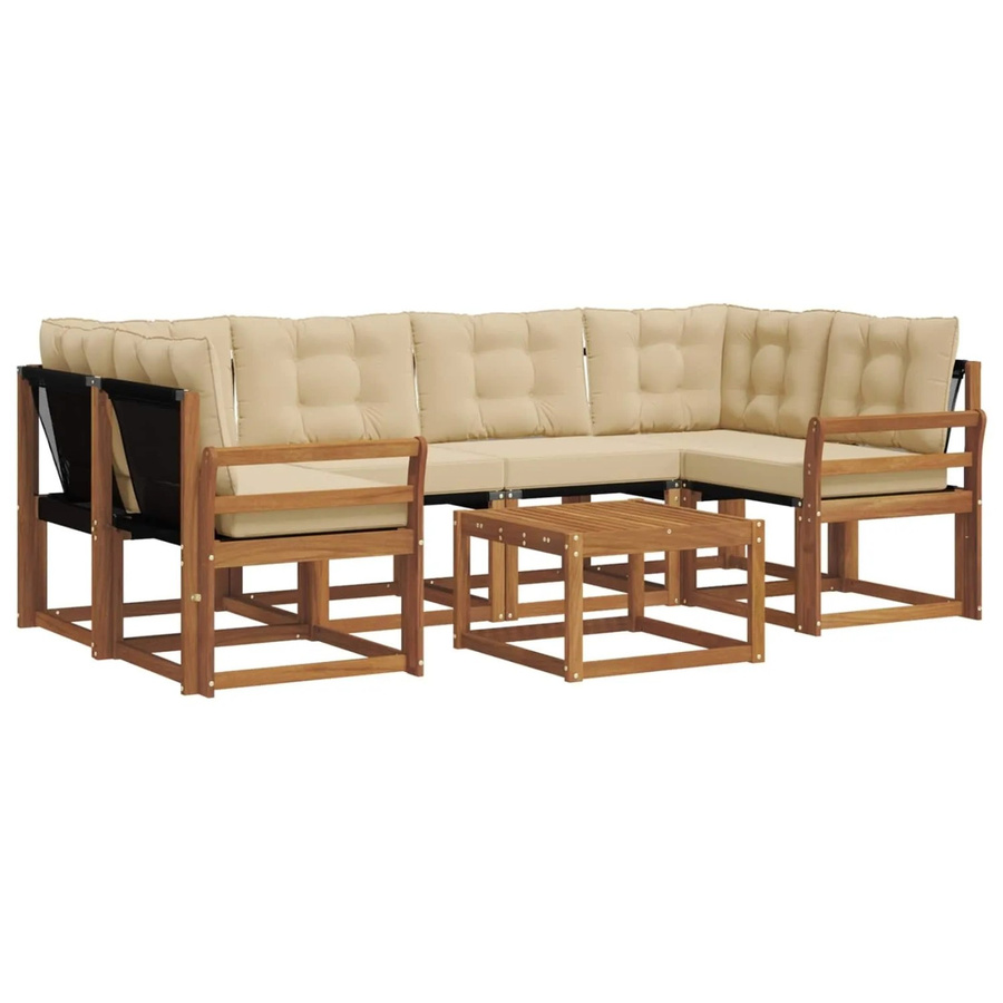 vidaXL Outdoor-Sofagarnitur 7-teilig aus Akazienholz und Textilene in Natur-Beige mit Kissen und Armlehnen - Bild 2