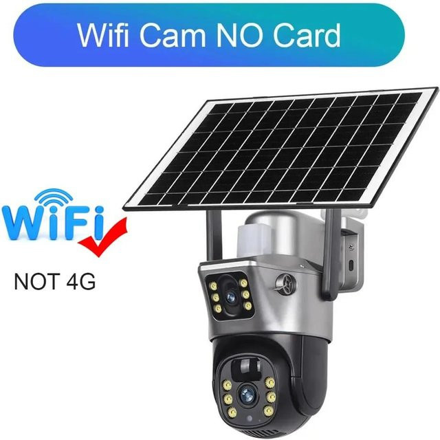 V380 4K 8MP Solar Überwachungskamera mit Doppelobjektiv und Doppelbildschirm, WiFi und 4G, Silber, PIR Personenerkennung und Nachtsicht - Bild 1