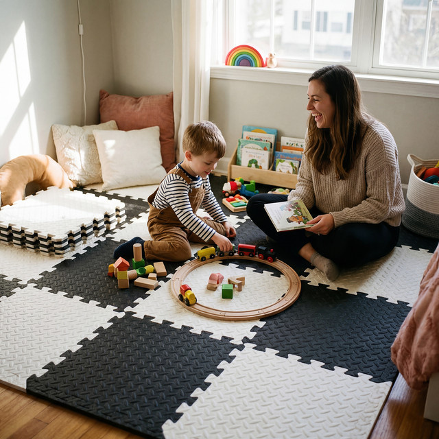 DHDH 16-teilige Baby-Spielmatte aus EVA-Schaumstoff, Puzzlematte für das Kinderzimmer, B/T: 60 x 60 cm, Farben: Schwarz und Mehrfarbig - Bild 1