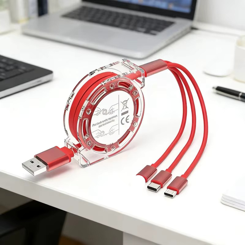 3-in-1 Einziehbares USB-Schnellladekabel Multi-Ladekabel für iPhone Android Typ-C Xiaomi Huawei Samsung in Rot - Bild 3