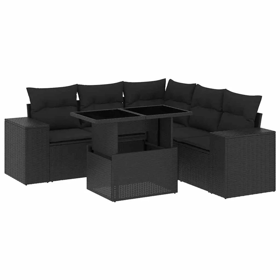 vidaXL 6-teilige Garten-Sofagarnitur in L-Form aus schwarzem Poly-Rattan mit Kissen und pulverbeschichtetem Stahlgestell - Bild 2