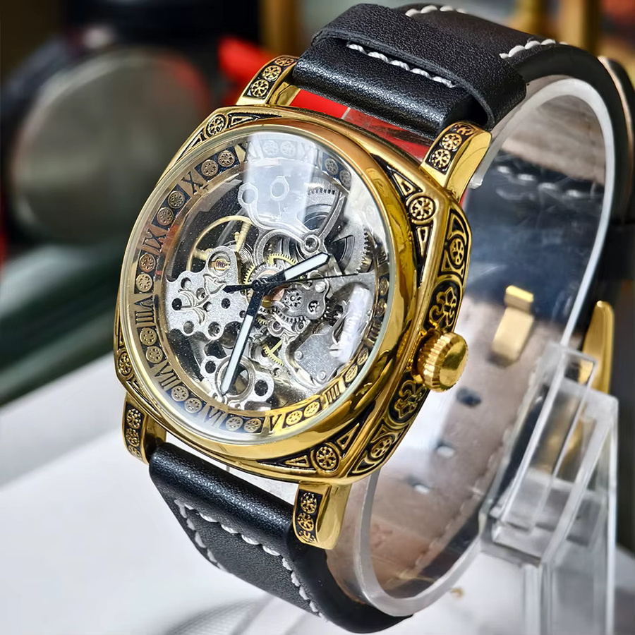 PINTIME Armbanduhr Automatik, Eckig, Gold, Leder, Herren - Bild 2