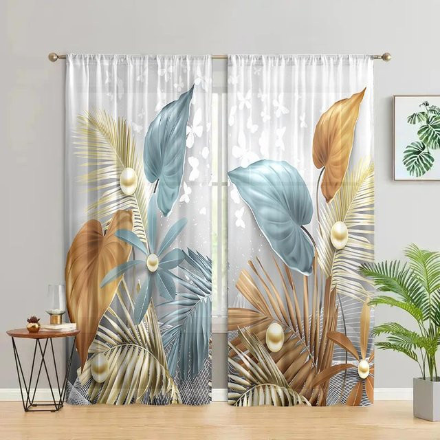 2er-Set Vorhänge im antiken britischen Stil mit goldenen Schmetterlingsblättern, Weiß, B: 150 cm, H: 166 cm - Bild 1
