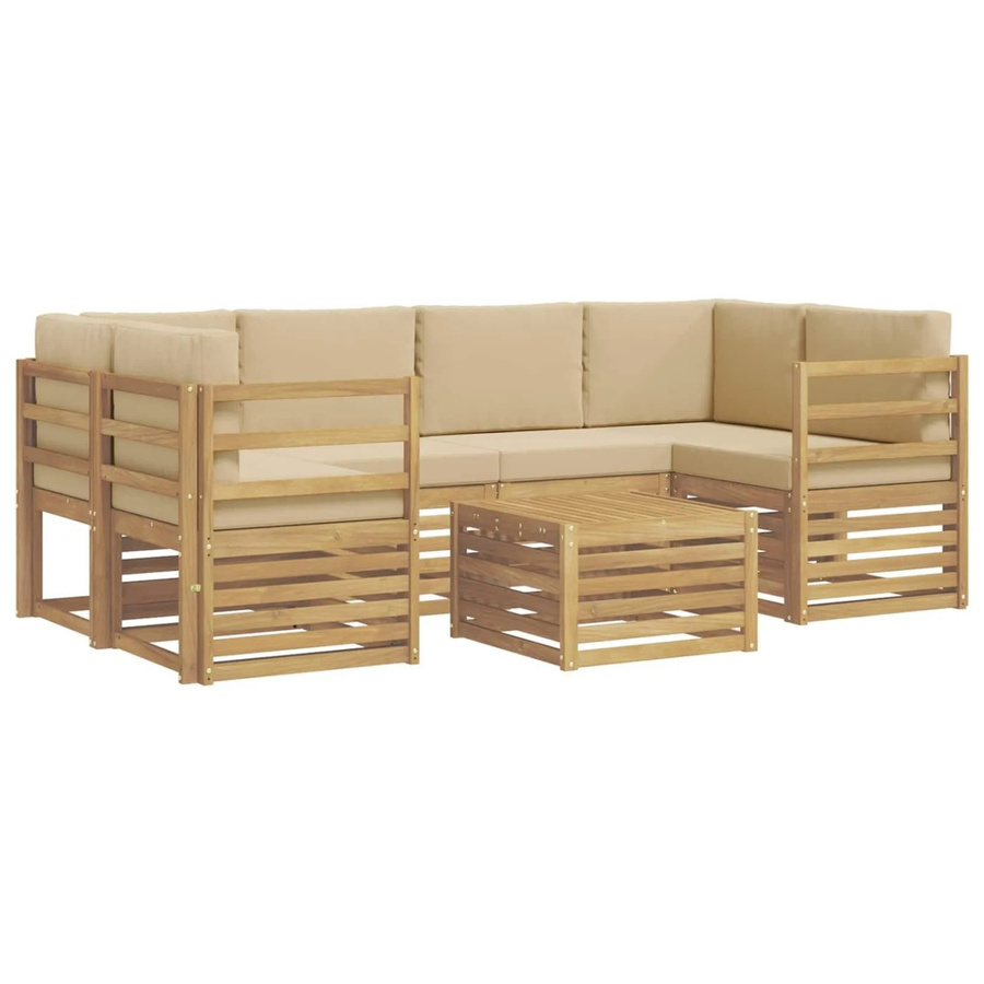 vidaXL Outdoor-Sofagarnitur 7-teilig in L-Form aus Akazienholz mit Kissen in Weiß und Beige - Bild 2