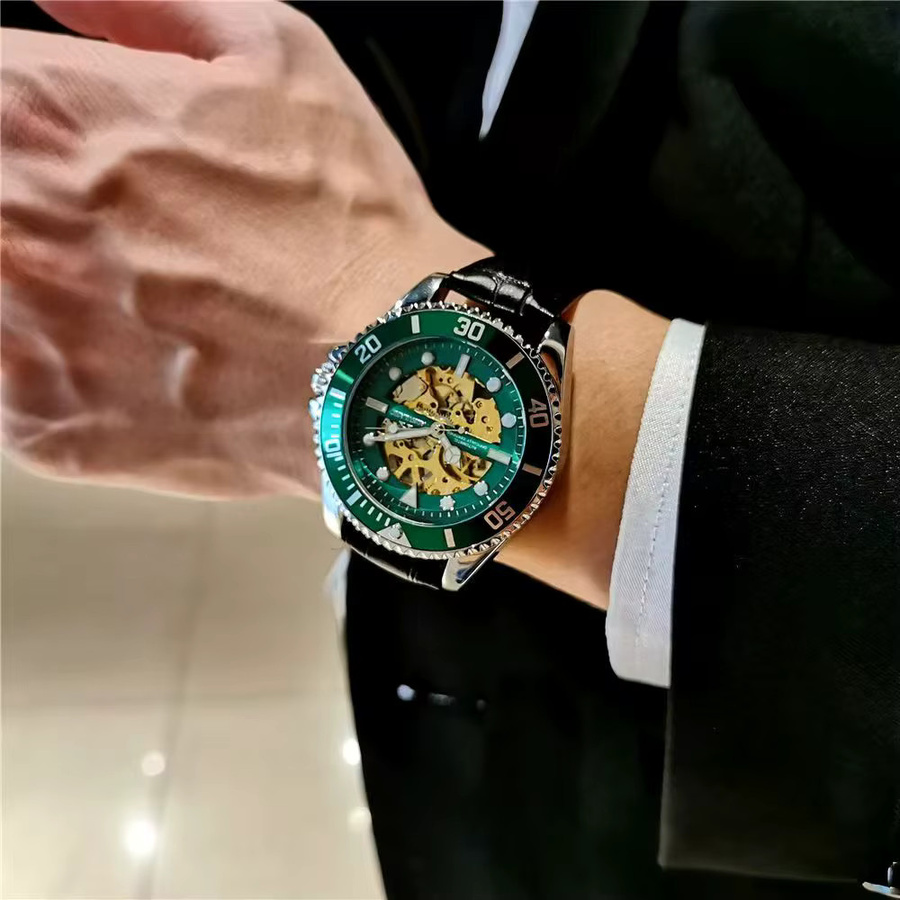 AOKULASIC Armbanduhr, Automatik, Edelstahl, Leder, Schwarz, Herren - Bild 4