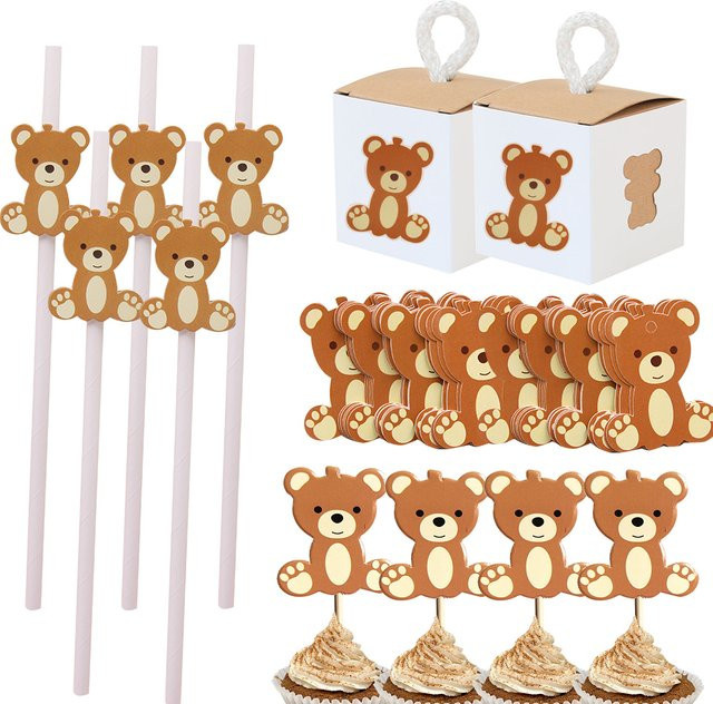 Tissy Cartoon Bär Kuchen Topper und Papier Strohhalme für Kinder Geburtstag Party Dekorationen - Bild 1