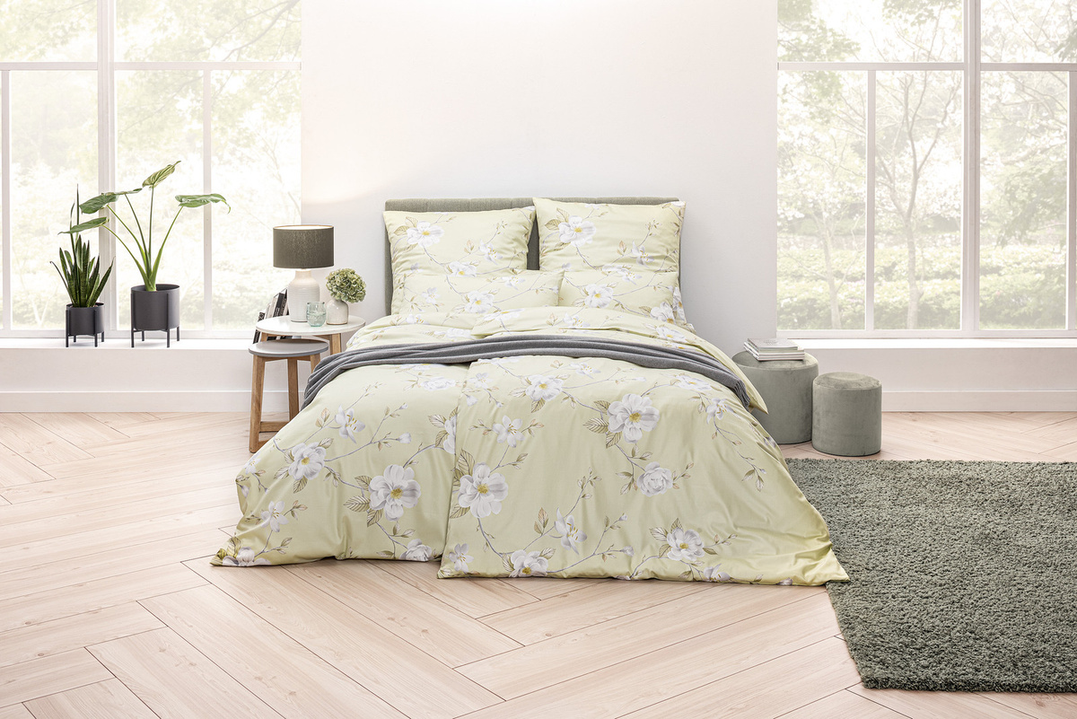 Estella Mako-Satin Bettwäsche Anisa Citro Vanille mit Blüten und Ästen, Farbe Beige/Gelb, B/H: 155 x 220 cm, inklusive Kissenbezug 80 x 80 cm - Bild 1