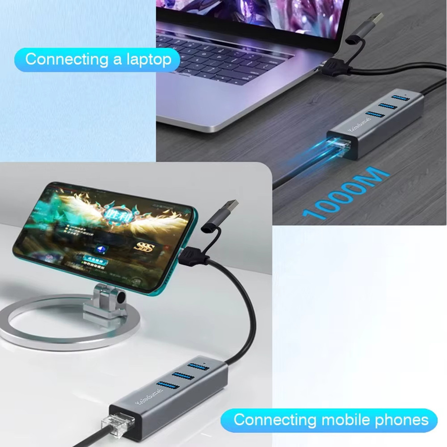 kebidumei USB-C Hub mit 3 USB 3.0 Ports und Gigabit Ethernet RJ45 Adapter, Grau - Bild 2