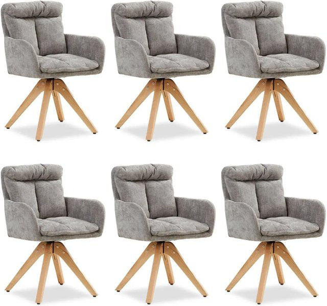 Homestyle4u 6er Set Polsterstühle drehbar in Grau mit Eichenholz-Gestell - Bild 1