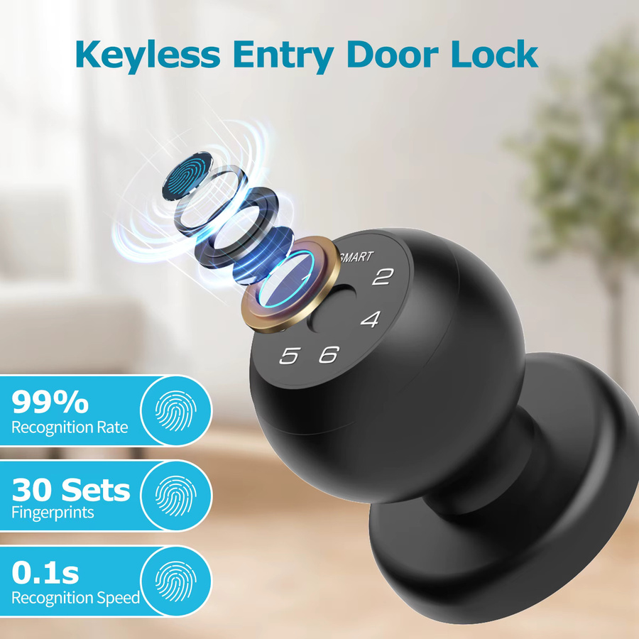 Viladepot Smart Lock Fingerabdruck-Türschloss in Schwarz mit App-Steuerung, Typ-C-Schnittstelle und elektronischer Touchscreen-Tastatur für den Innenbereich - Bild 2