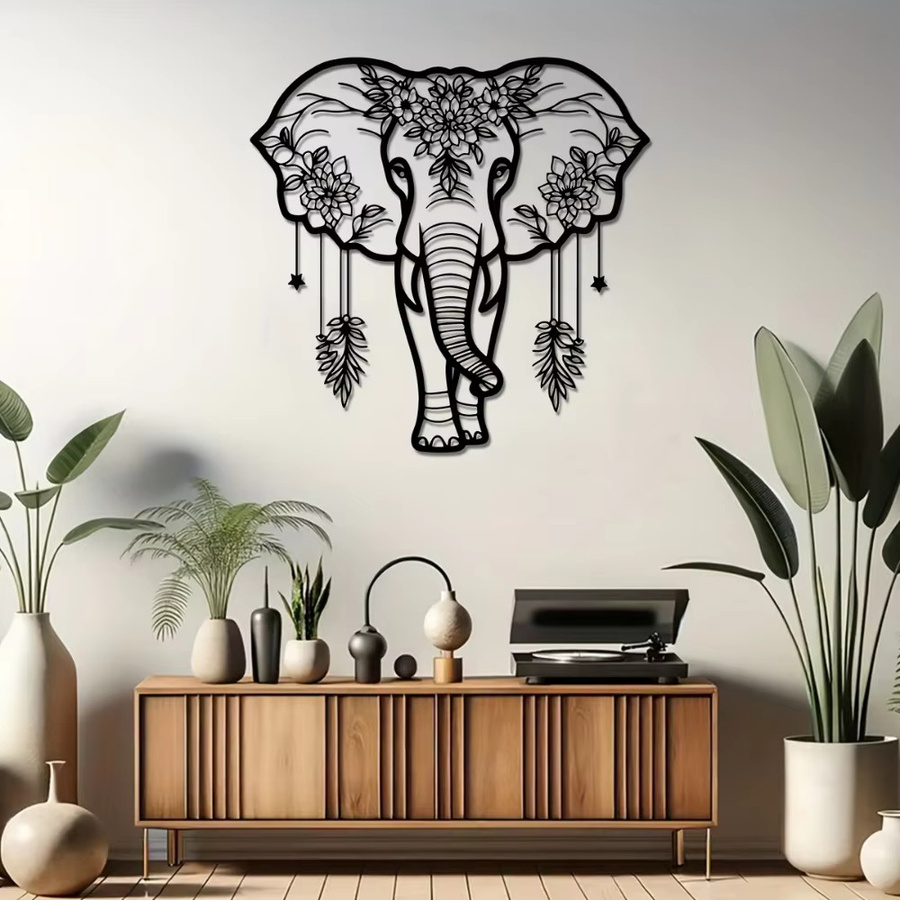 CIFBUY Handgefertigte Elefanten-Wandkunst aus Schmiedeeisen in Schwarz mit floralem Boho-Design - Bild 5