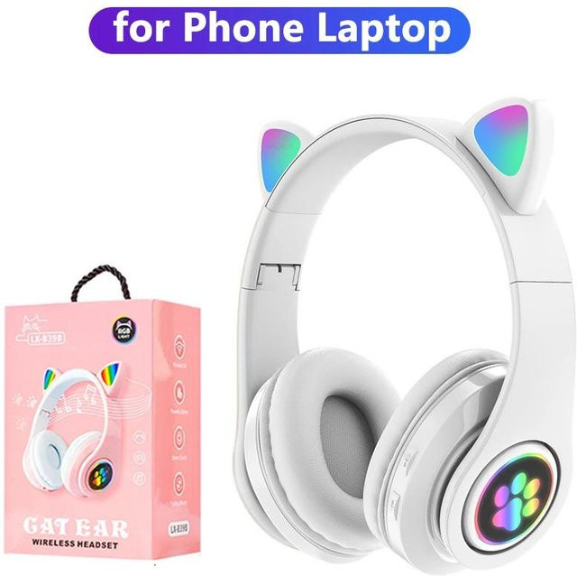 JQIQLY Bluetooth 5.0 Kopfhörer mit Katzenohren und RGB-Beleuchtung, kabellos und kabelgebunden, faltbar, Weiß - Bild 1