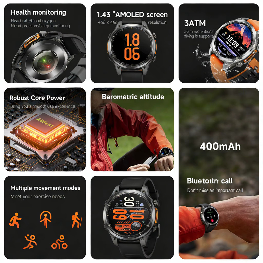 LAUSEVENFJ HD300 Smartwatch mit AMOLED Display, Bluetooth Anruffunktion, AI GPT Chat und wasserdichtem Design in Schwarz - Bild 2