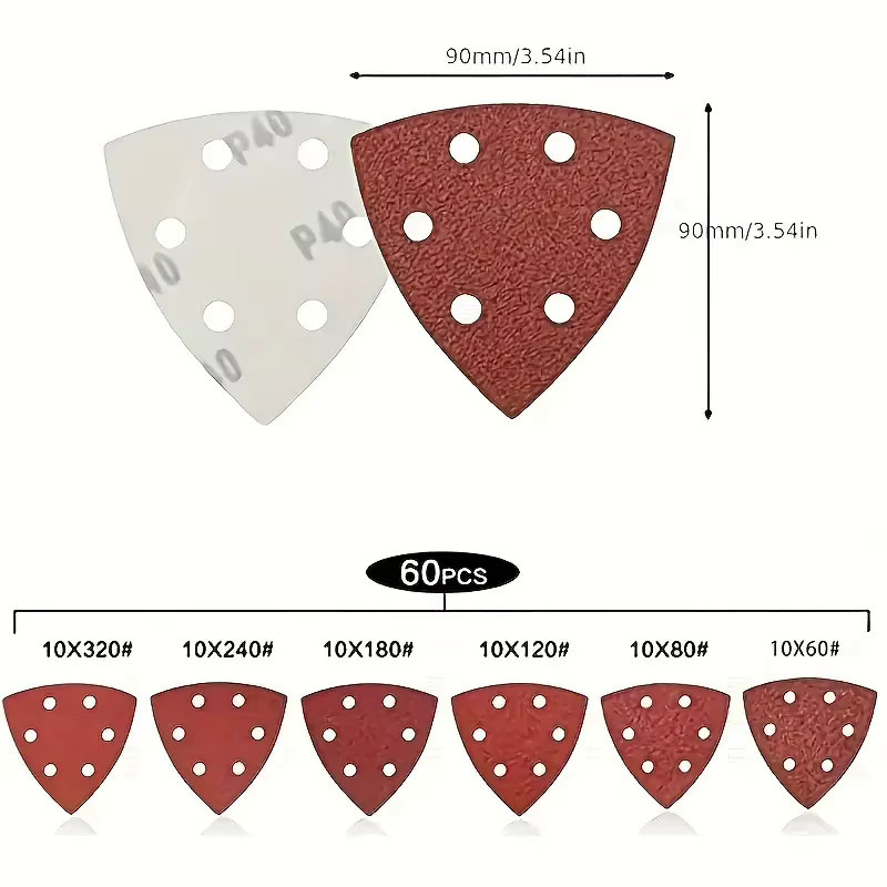 Dreieck-Schleifpads mit 6 Löchern für Delta-Schleifmaschinen und Winkelschleifer, Körnung 40–320, braun - Bild 2