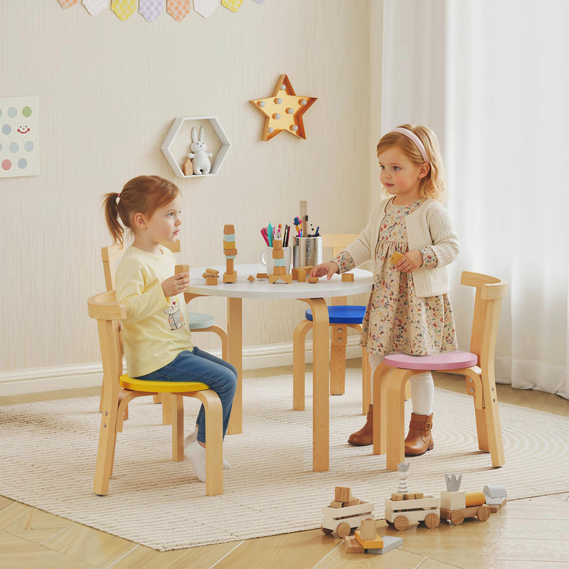 AIYAPLAY Tisch- und Stuhlset für Kinder aus Massivholz, 5-teilig, Mehrfarbig, abgerundete Kanten, Pappelholz - Bild 2
