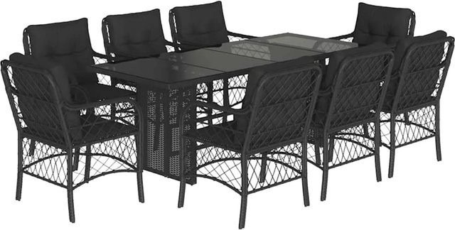 vidaXL 9-teilige Garten-Essgruppe aus schwarzem PE-Rattan mit Kissen und Hartglas-Tischplatte - Bild 1