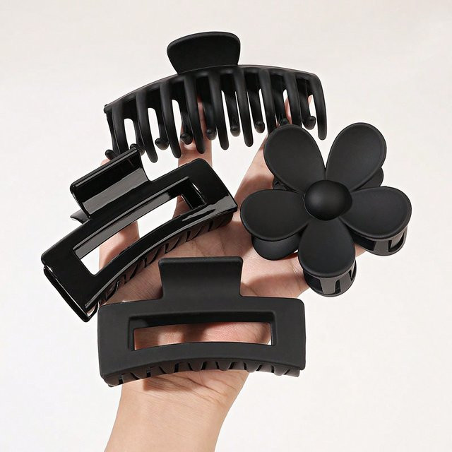 4 Stück Haarklammern, Schwarz, Blumen und Quadrat, für dickes Haar, Damen - Bild 1