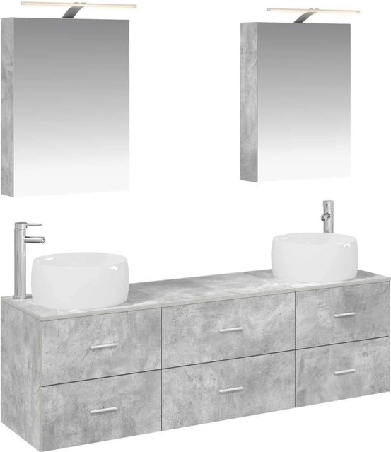 vidaXL Badezimmermöbel-Set 5-teilig in Betongrau mit Glas und Holz, inklusive Spiegelschrank, Wandschrank und Waschtischunterschrank mit LED-Beleuchtung - Bild 1