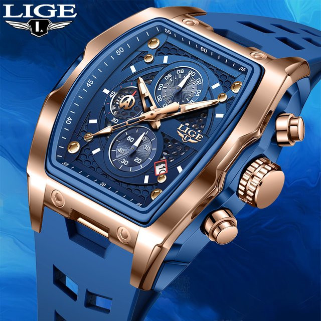 LIGE Armbanduhr Quarz, eckig, Silikon, Blau, Herren - Bild 1