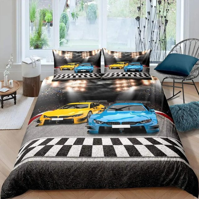 Flylo Bettwäsche Set mit Rennwagen Cartoon Motiv für Teenager, Blau, Mikrofaser, B/H: 100 x 135 cm - Bild 1
