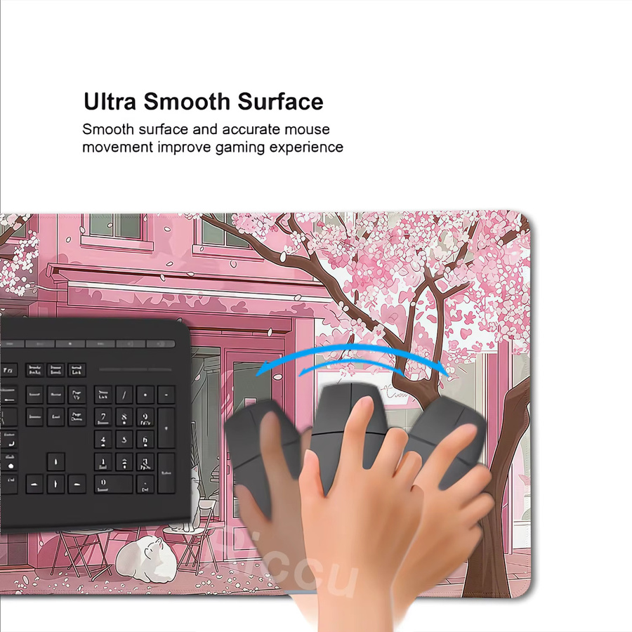 Riccu Gaming-Mauspad mit Kirschblüten und Katze, XL Schreibtischmatte in Pink - Bild 3