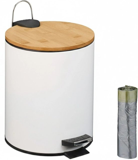 Relaxdays Kosmetikeimer aus Eisen und Bambus mit Softclose-Funktion in Weiß, B: 26 cm, T: 20,5 cm, H: 25 cm - Bild 1