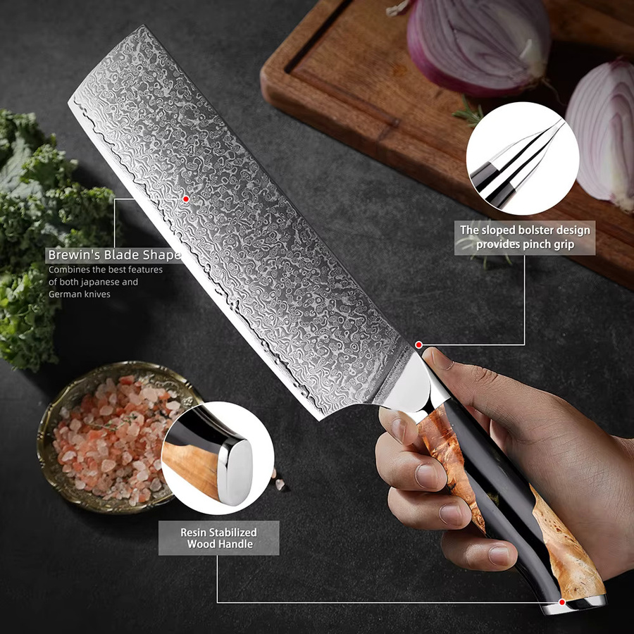 Xituo Nakiri Kochmesser aus Damast-Edelstahl VG10 mit ergonomischem Holzgriff, Silber/Weiß, Länge: 17,78 cm - Bild 5