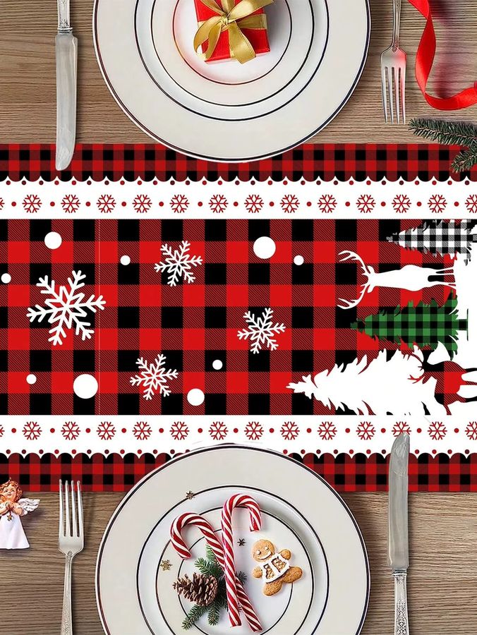 JIT Plaid Weihnachts-Tischläufer mit Schneeflocken- und Hirschmuster für deine festliche Esstisch-Dekoration - Bild 4