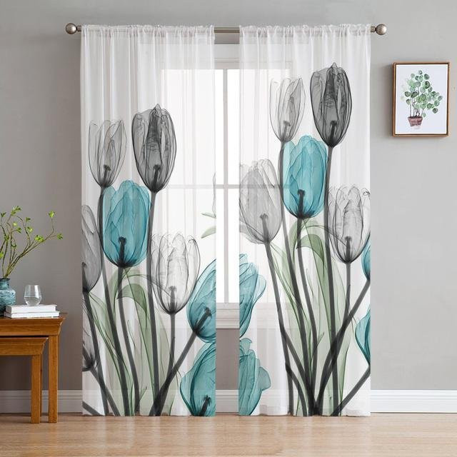 A Family Of Home Textiles Transparenter Chiffon-Tüll-Vorhang mit lila Blumenmuster, Breite: 135 cm, Höhe: 114 cm - Bild 1