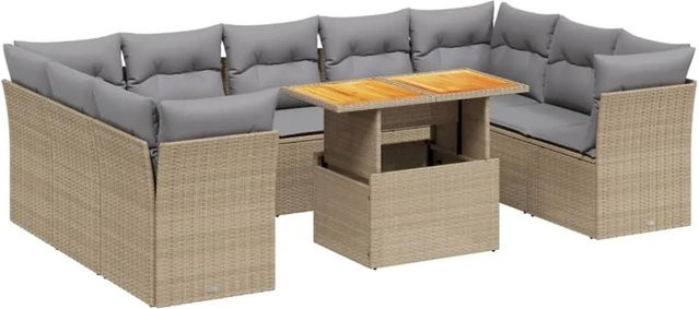 vidaXL 10-tlg Garten-Sofagarnitur mit Kissen aus Poly Rattan in Beige und Grau - Bild 1