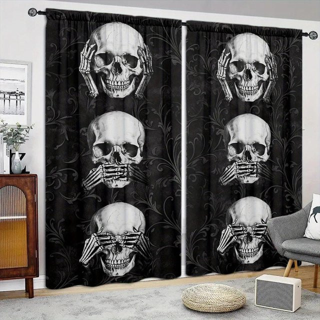 2er-Set bedruckter Vorhang mit Totenkopf-Motiv von Household supplies MH in Schwarz, B: 107 cm, H: 213 cm - Bild 1