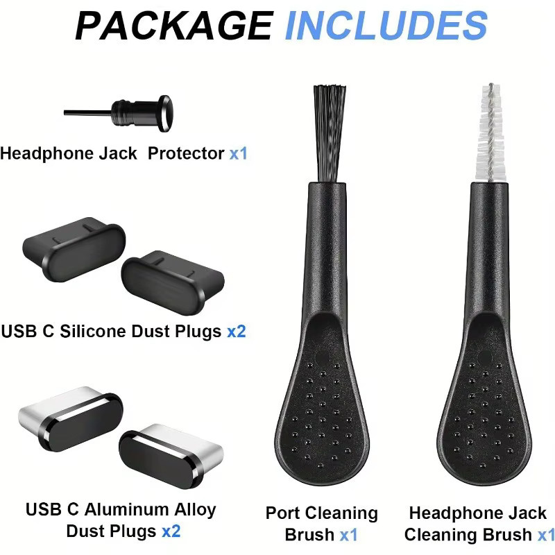 7er-Pack USB-C Anti-Staub-Stecker und Reinigungsbürsten-Set aus Aluminiumlegierung in Schwarz für iPhone 16 17 und Samsung Galaxy - Bild 2