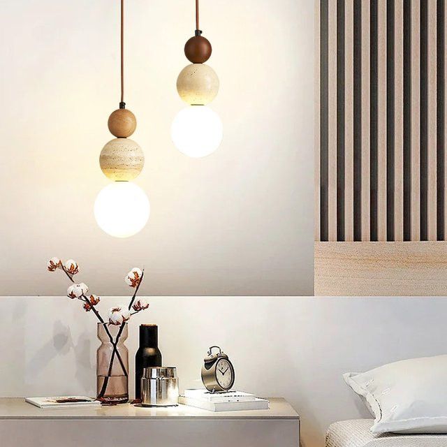 Cremefarbene Bauhaus LED-Pendelleuchte aus Stein und Holz für Schlafzimmer, Bar oder Restaurant - Bild 1