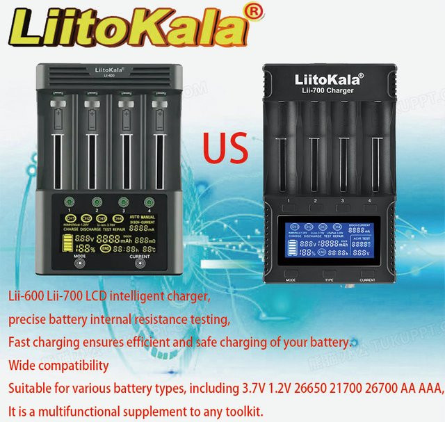LiitoKala Batterieladegerät Lii-600 Lii-700 mit LCD für 3,7 V und 1,2 V Akkus, kompatibel mit 26650, 21700, 26700, AA und AAA, Schwarz - Bild 1