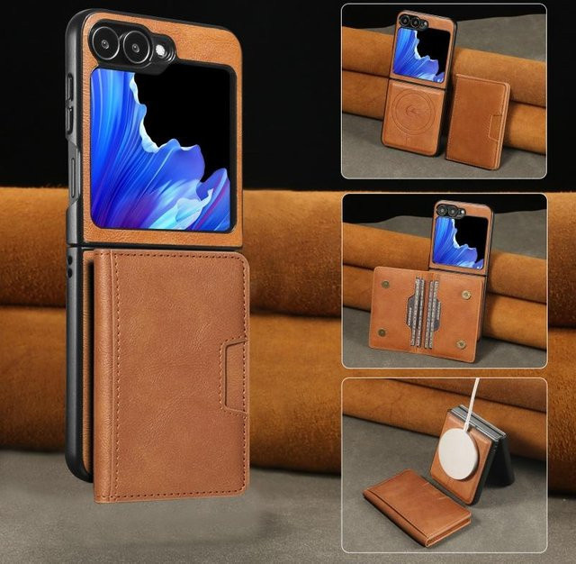 MagSafe Leder Geldbörse Handyhülle für Samsung Galaxy Z Flip 7 6 5 4 3 in Brown - Bild 1