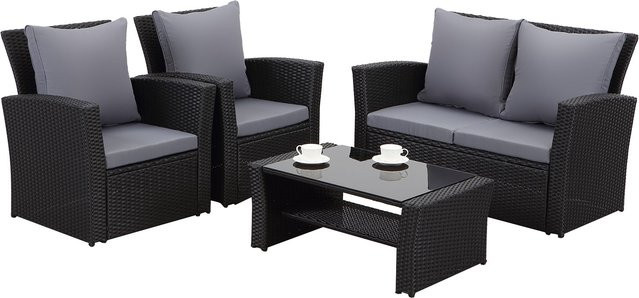 MeXo 4-teiliges Gartenmöbel Lounge Set aus Polyrattan mit Polstern in Schwarz und Grau - Bild 1