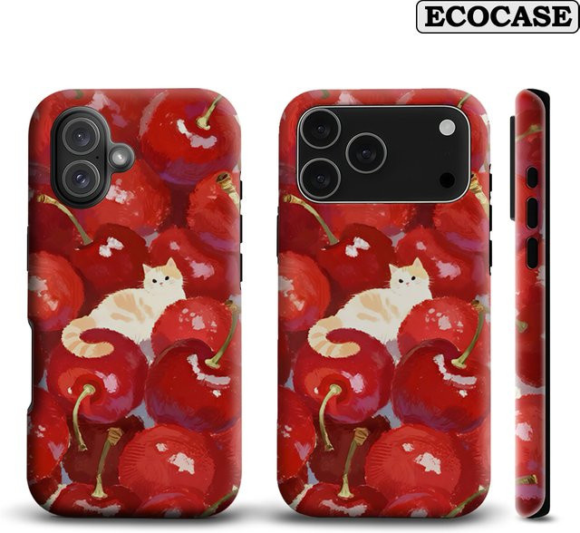 Potdemiel Handyhülle Cherry Cluster & Cream Tabby Cat für iPhone 17 16 15 14 13 Pro Max Plus mit doppelschichtiger Rückseite, Multicolor/Rot - Bild 1