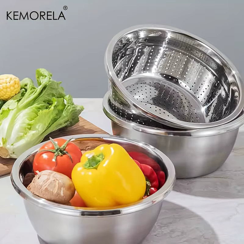 KEMORELA Multifunktionales Küchenwaschbecken aus Edelstahl in Silber, 2er-Set zum Waschen, Mischen und Entleeren von Obst und Gemüse, rund - Bild 2
