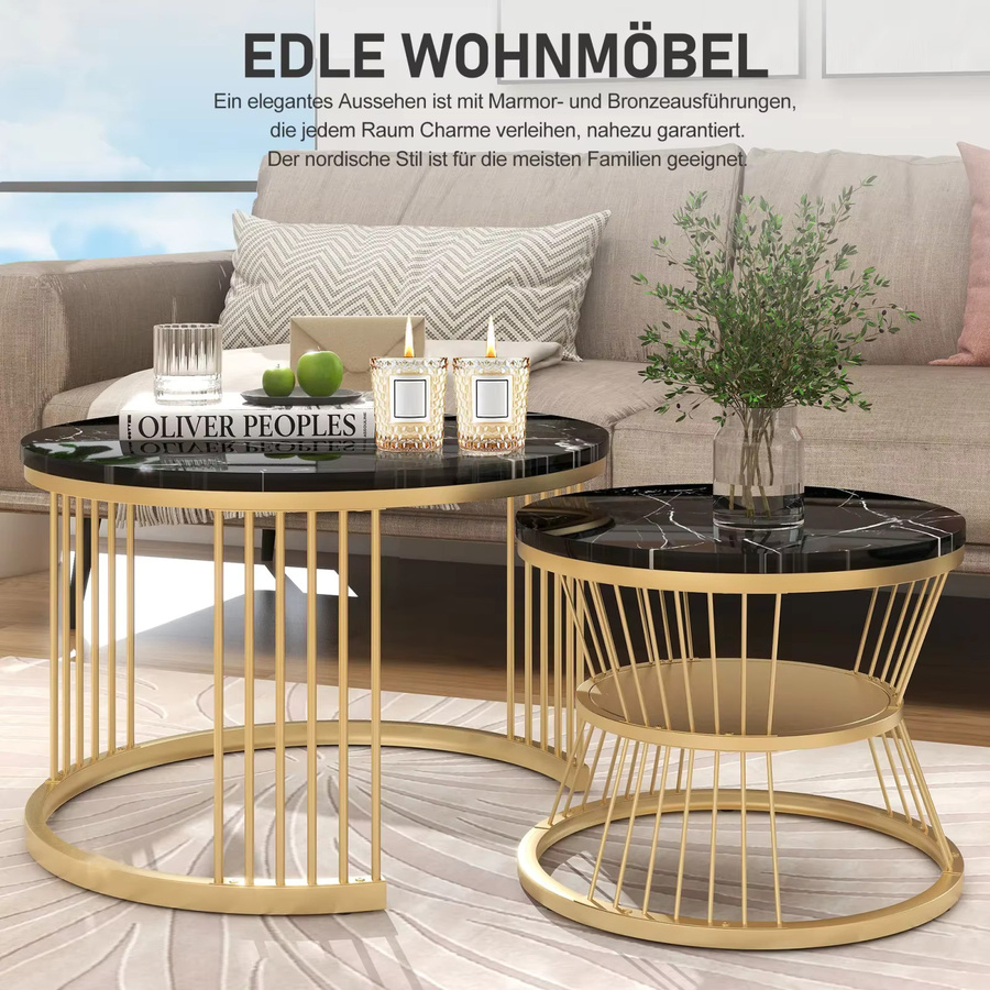 Creahappy Couchtisch-Set Schwarz Modern mit runden Marmor-Tischplatten und glänzendem Finish - Bild 2