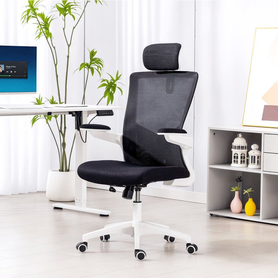 HOMCOM ergonomischer Bürostuhl in Schwarz mit Kopfstütze, Lendenstütze und klappbaren Armlehnen, höhenverstellbarer Bürosessel mit Wippfunktion und 360 Grad Drehsitz für Home Office - Bild 2