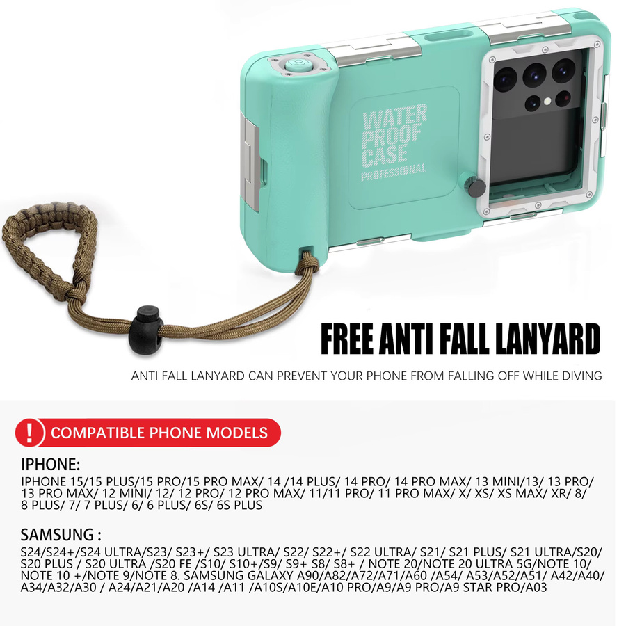 Shellbox Wasserdichte Bluetooth Handyhülle IP68 für 6,9 Zoll Smartphones wie iPhone, Samsung, Xiaomi und Google in Gelb, Schwarz oder Türkis mit 15 m Kabel - Bild 3