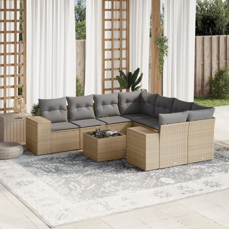 Vidaxl 9-teiliges Gartenmöbel-Set aus Polyrattan mit Kissen und Glastisch in Beige - Bild 1