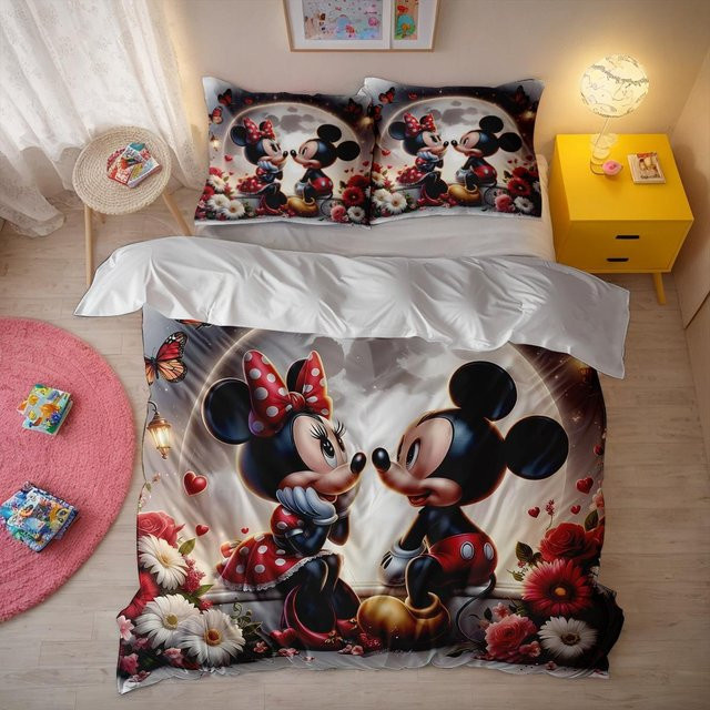 Mickey und Minnie Maus Bettwäsche-Set von Flylo, mehrfarbiges Microfaser-Bettwäsche-Set mit Bettbezug und Kissenbezügen, Kissenbezug: 50 x 70 cm, Bettbezug: 70 x 140 cm - Bild 1
